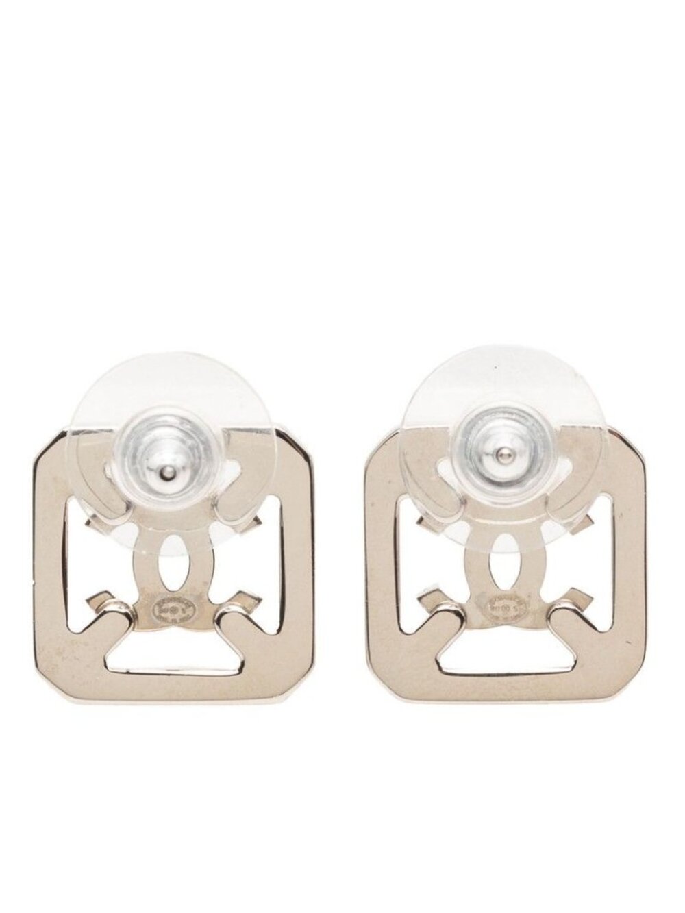 Chanel CC Logo Square Earrings Silver Line Stone Metal - Picture 2 of 3